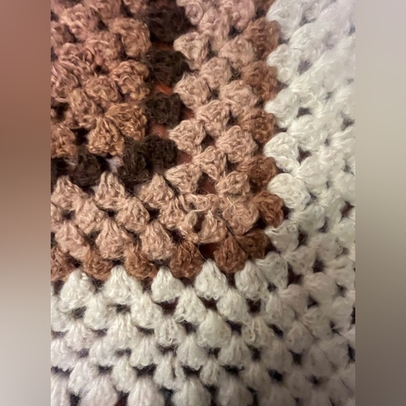 Vintage crocheted knit blanket afghan granny hand knit brown cream white 42X44 - Picture 5 of 5